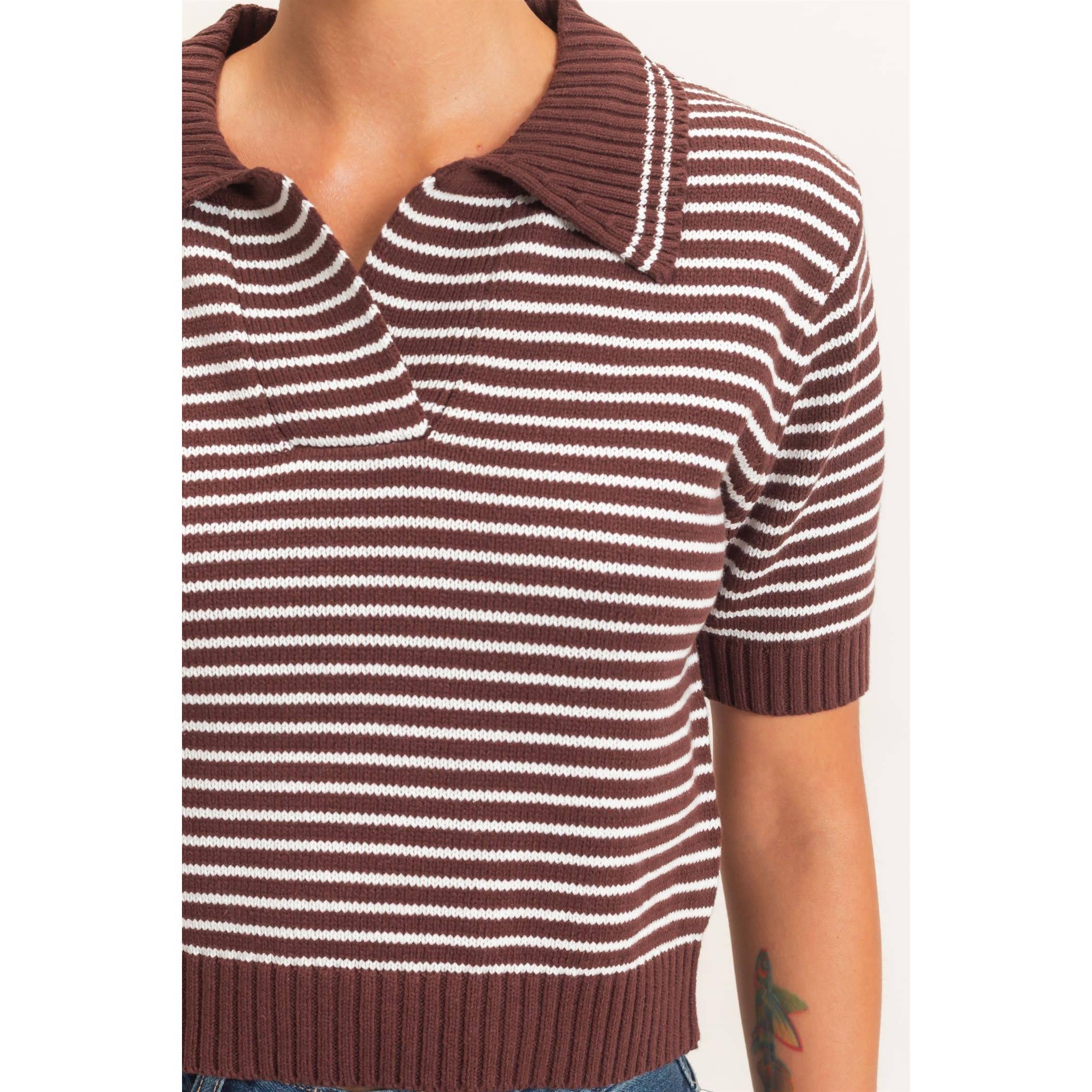 Striped Short Sleeve Collar Knit Top