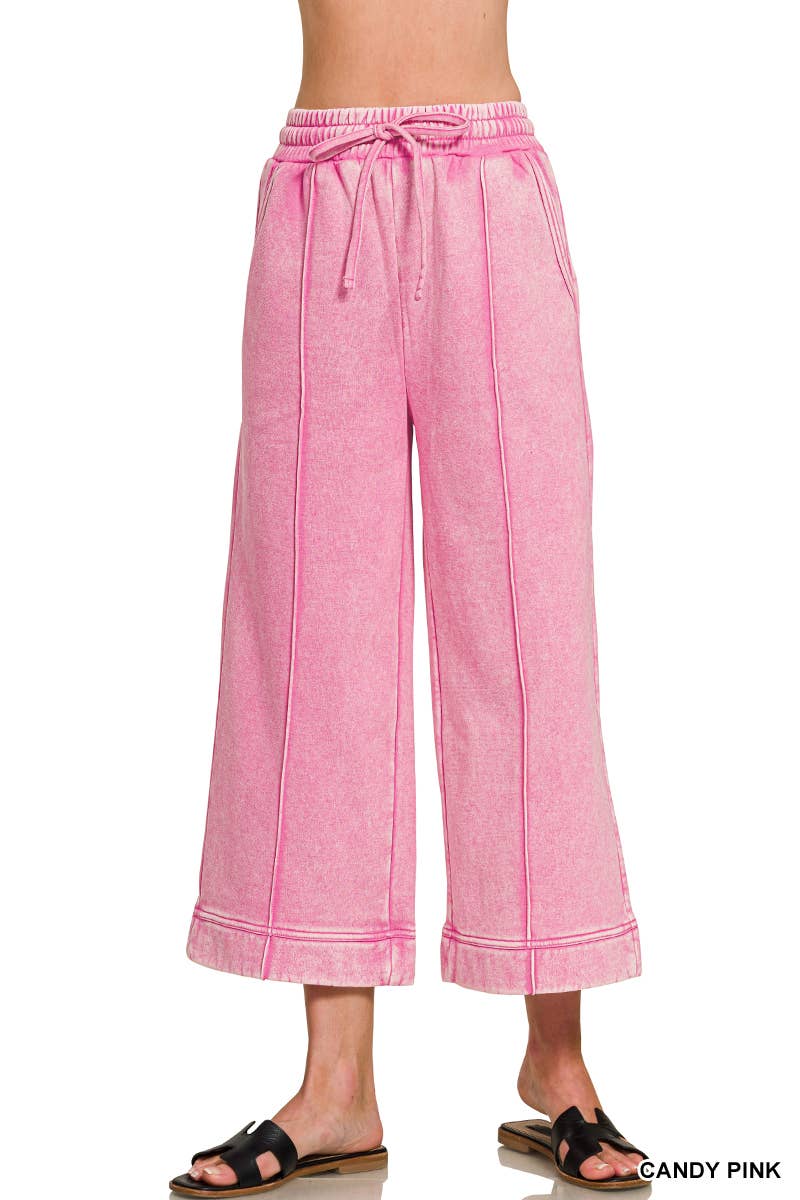 Acid Washed Fleece Pintuck Wide Leg Cropped Pants w/ Pockets