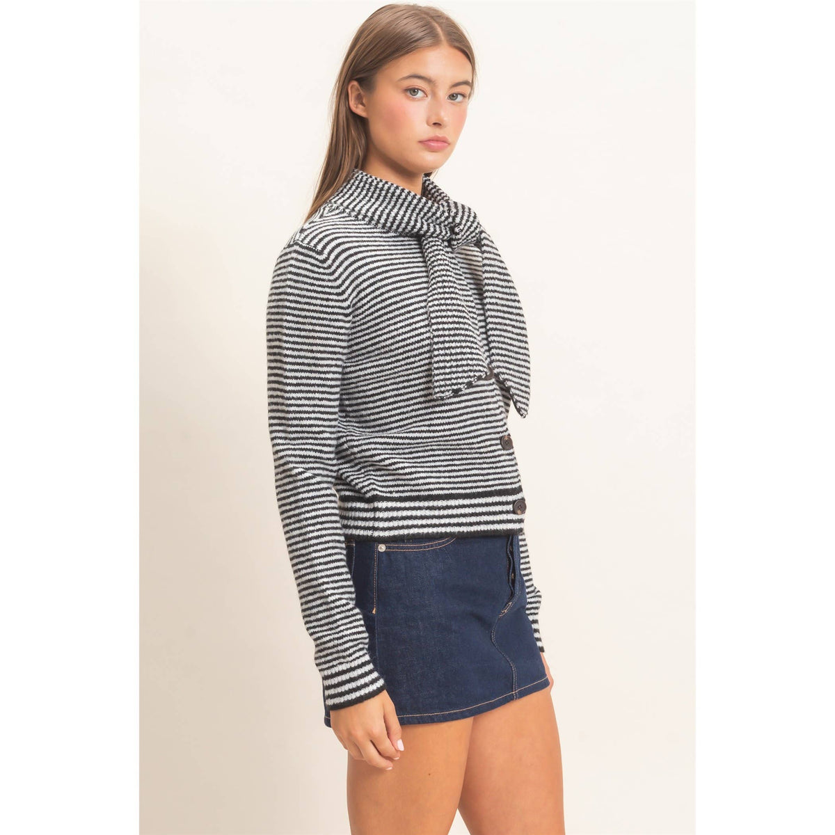 Striped Cardigan With Scarf