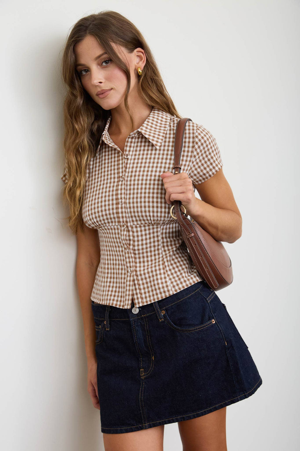 GINGHAM COLLARED SHORT SLEEVE CONTOURED TOP