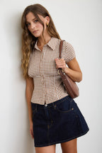GINGHAM COLLARED SHORT SLEEVE CONTOURED TOP