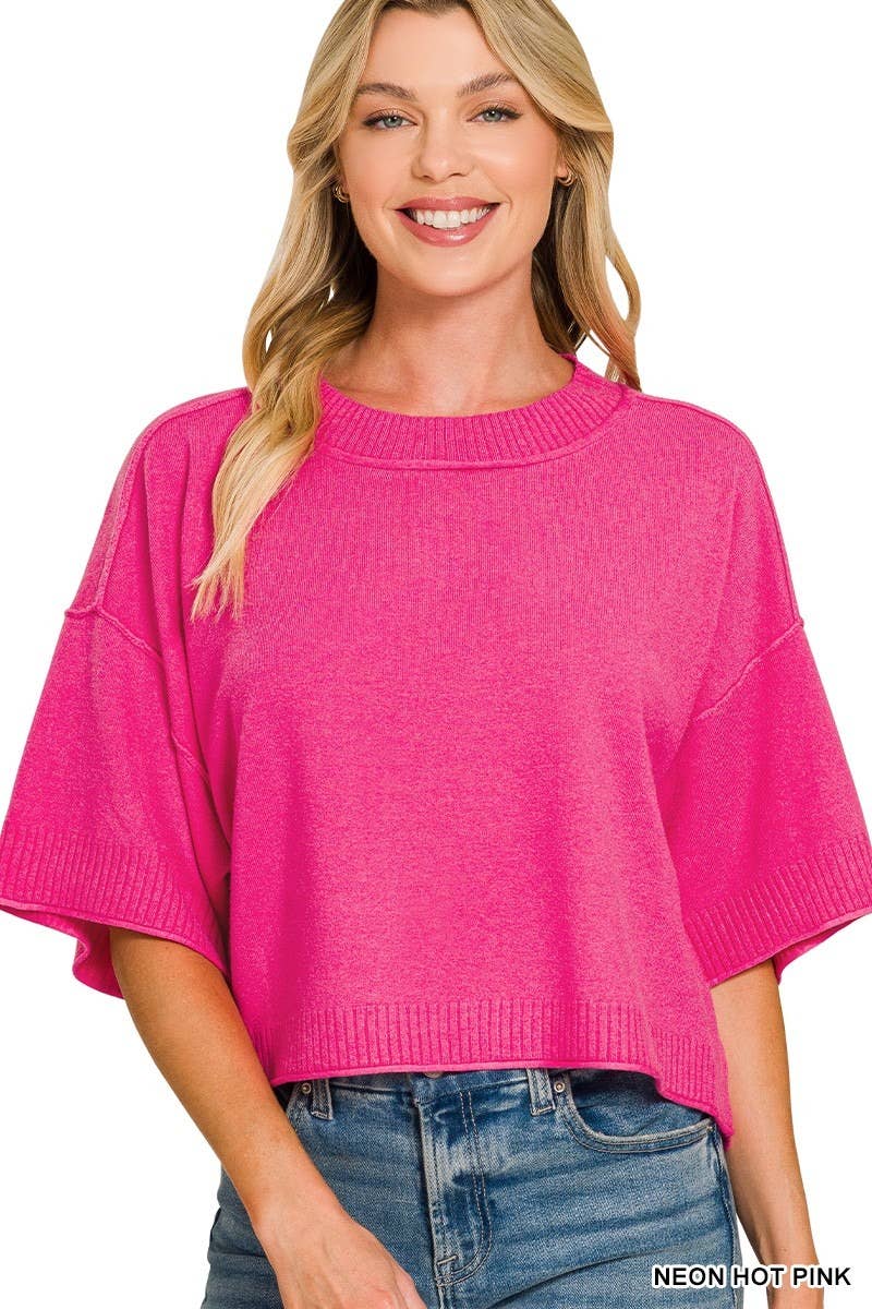 Viscose Mock Neck Short Sleeve Boxy Sweater