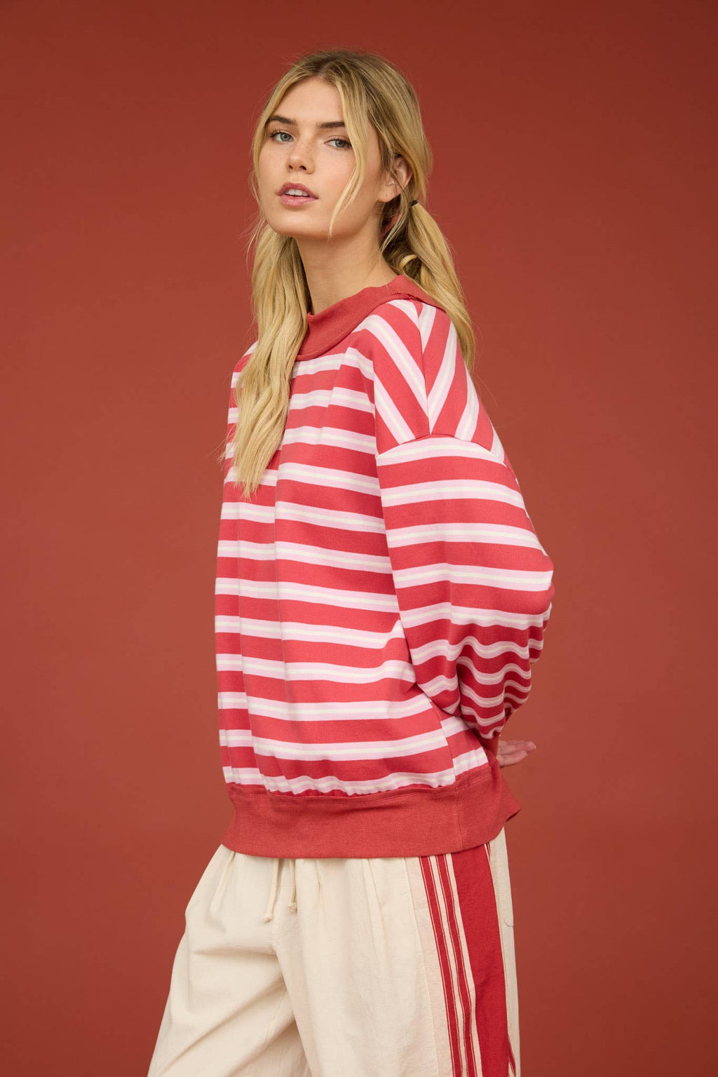 CONTRAST WIDE NECK LONG SLEEVE STRIPE KNIT TOP (PRE-ORDER)