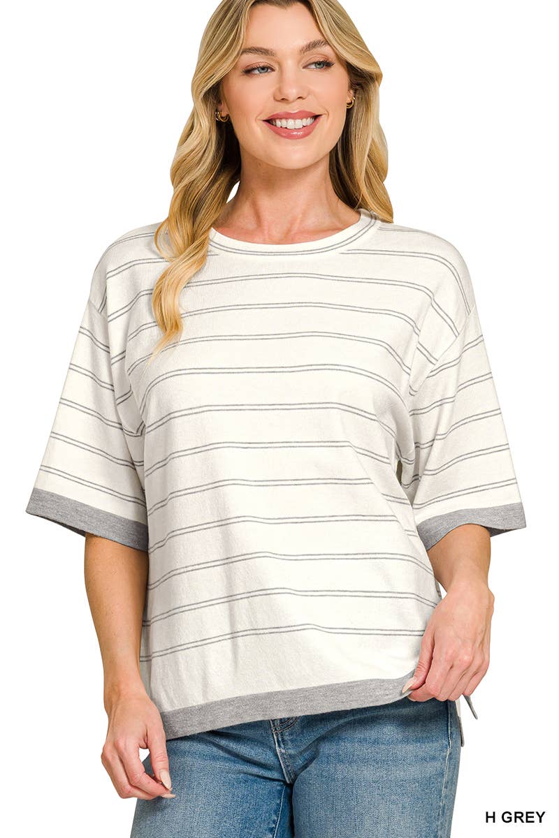 Oversized Viscose Stripe Short Sleeve Sweater