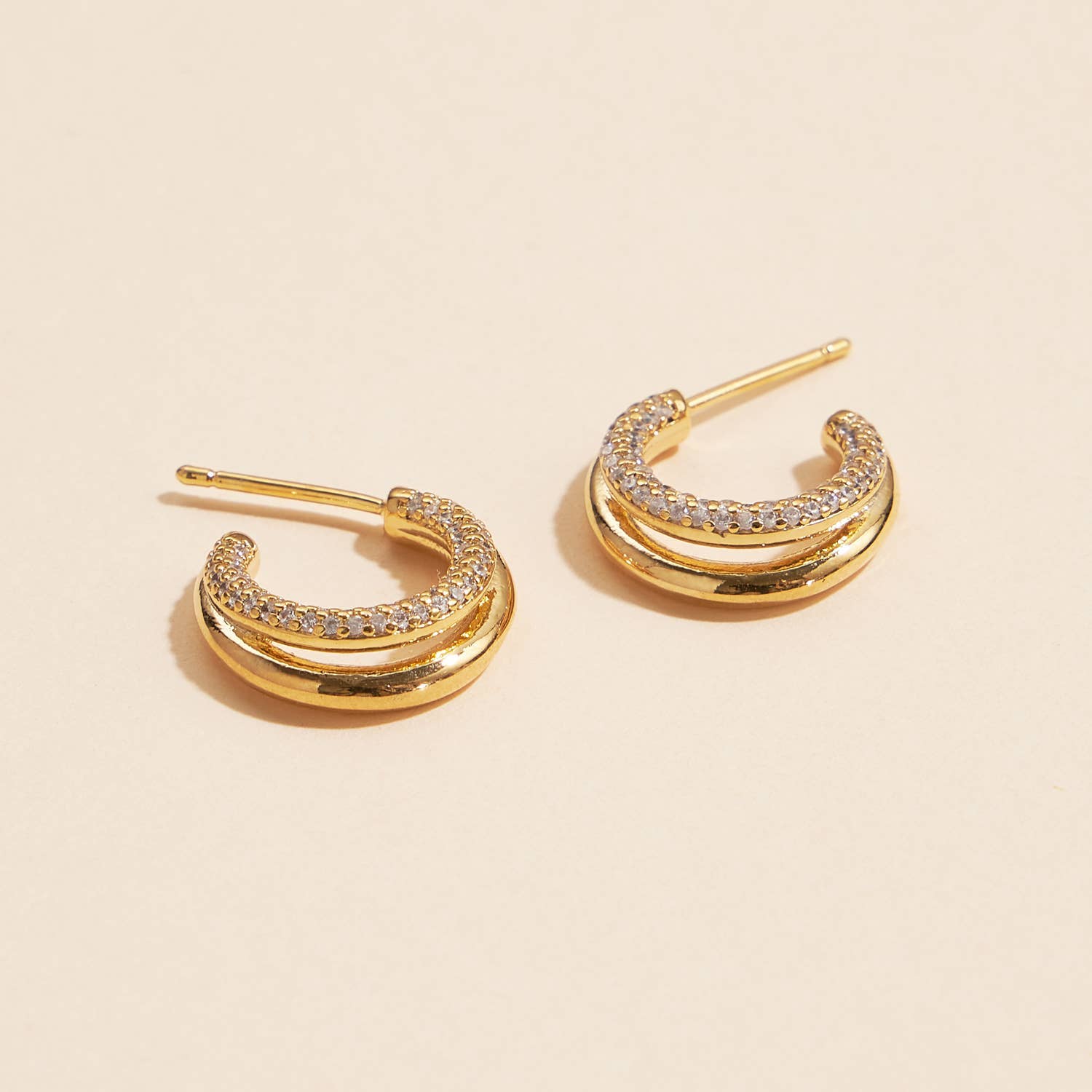 Layered 18k Gold Dip CZ Open Hoop Earrings | 18K Gold-Dipped Layered CZ Open Hoop Earrings