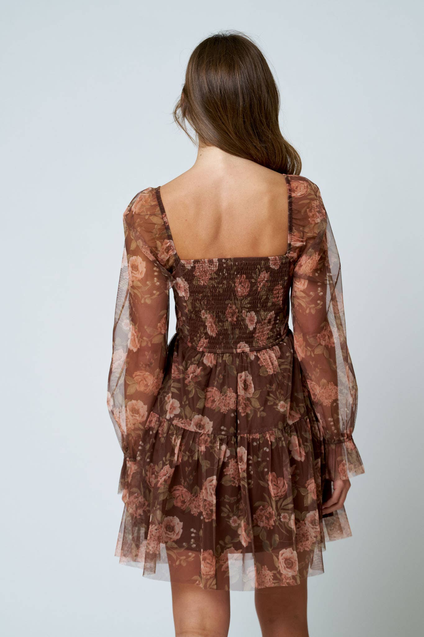 FLORAL CHIFFON LONG SLEEVE CORSET MINI DRESS