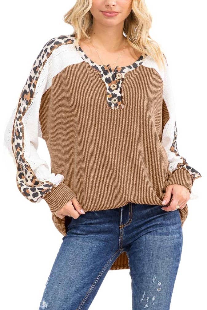 Rib Knit Leopard Lace Sleeve Detail Pullover Top
