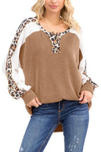 Rib Knit Leopard Lace Sleeve Detail Pullover Top