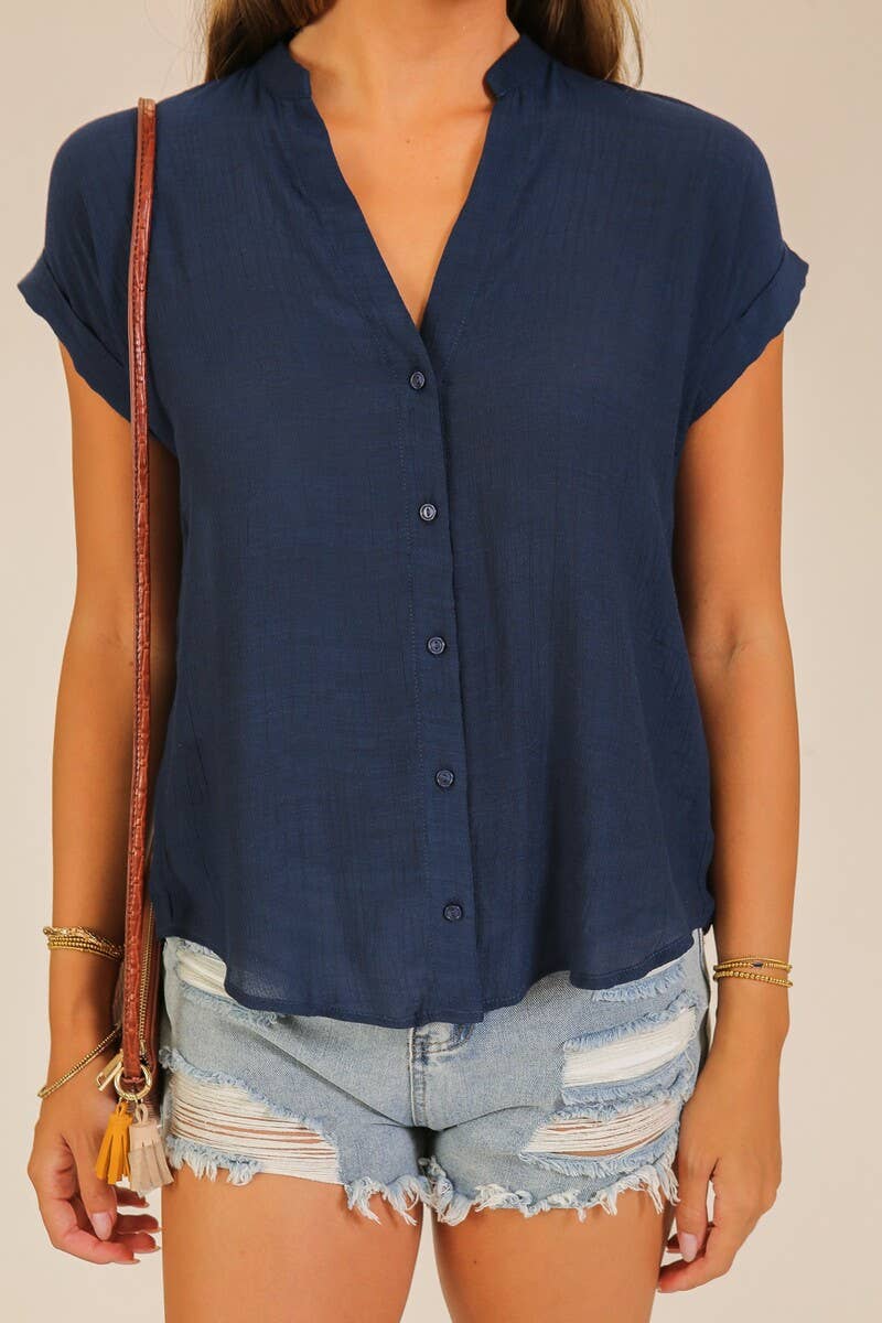 Textured Gauze Button-front Hi-Low Hem Blouse