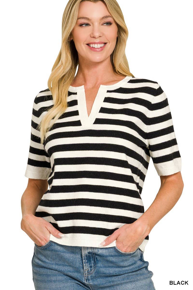 Split Neck Stripe Short Sleeve Sweater