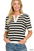 Split Neck Stripe Short Sleeve Sweater