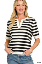 Split Neck Stripe Short Sleeve Sweater