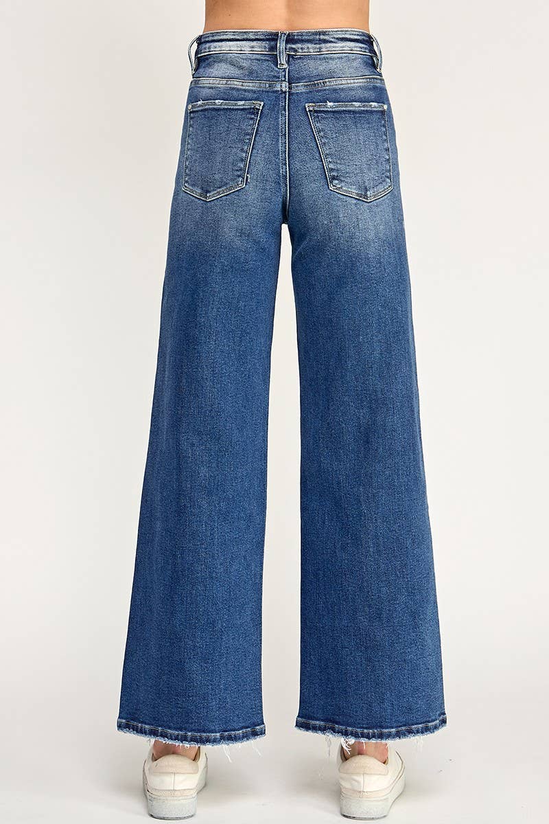 P7091W-DM HIGH RISE SUPER STRETCH WIDE LEG W/ DESTROYED HEM