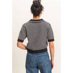 Striped Short Sleeve Collar Knit Top