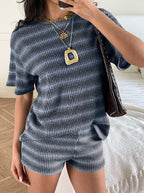 Striped Knit Lounge Set Boutique Shorts Fitted Ribbed