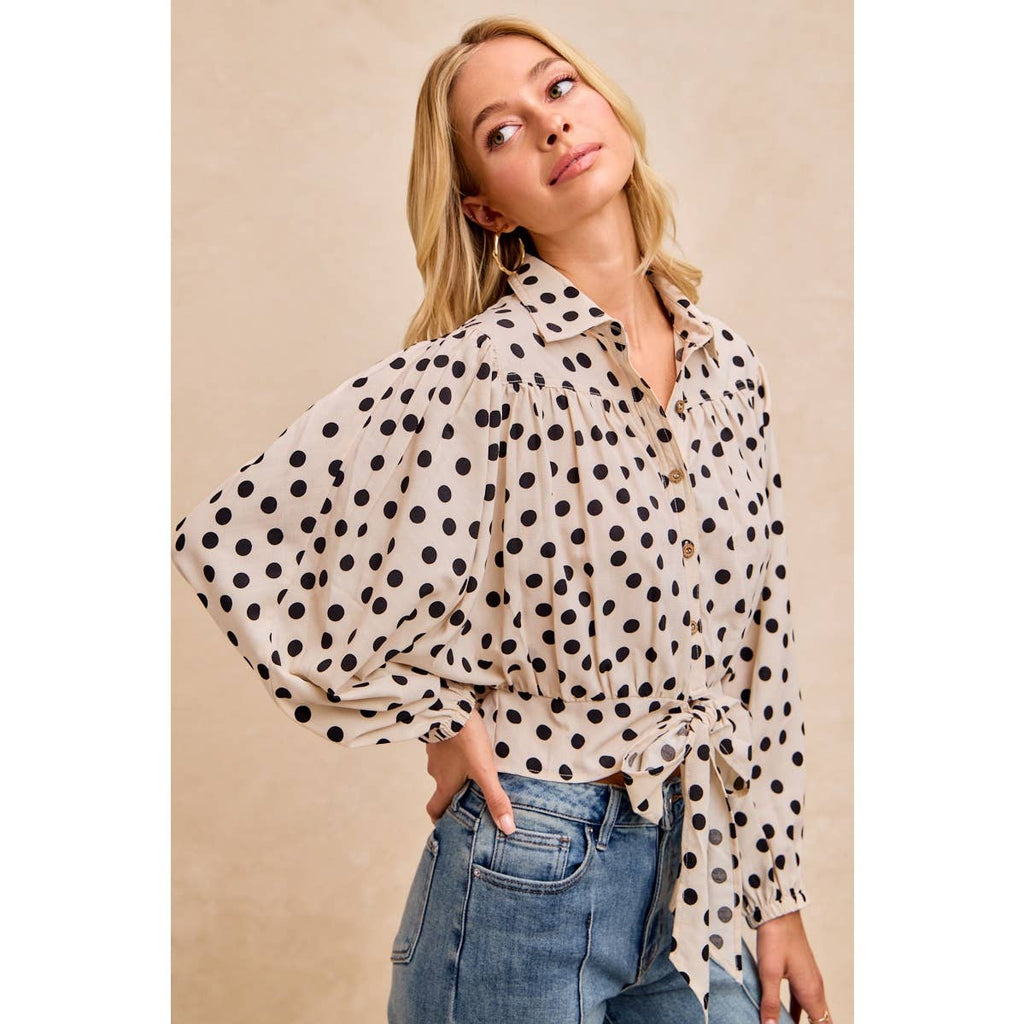 POLKA DOT PRINT TIE HEM DETAIL CROP BLOUSE TOP