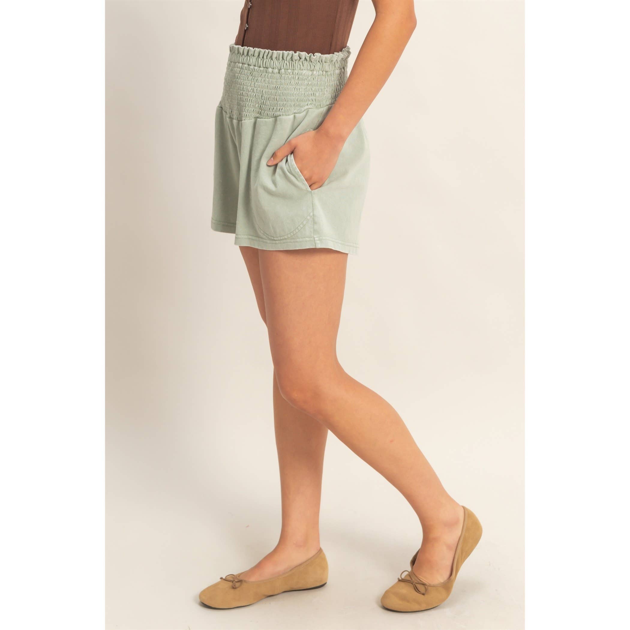 Smocked Waist Mineral Wash Shorts