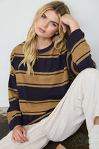 WIDE STRIPE CREW NECK LONG SLEEVE KNIT SWEATSHIRT