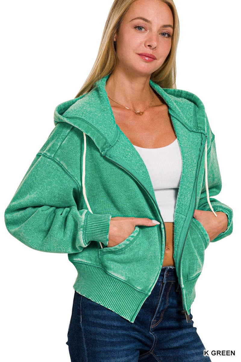 Acid Wash Fleece Cropped Zip-up Hoodie W Pockets