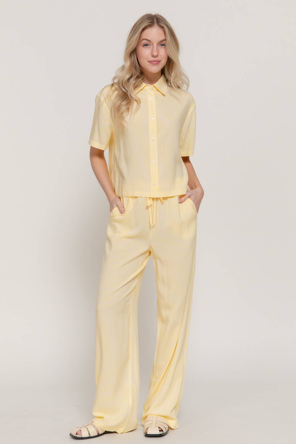Waist Band with String Stripe Print Woven Pants