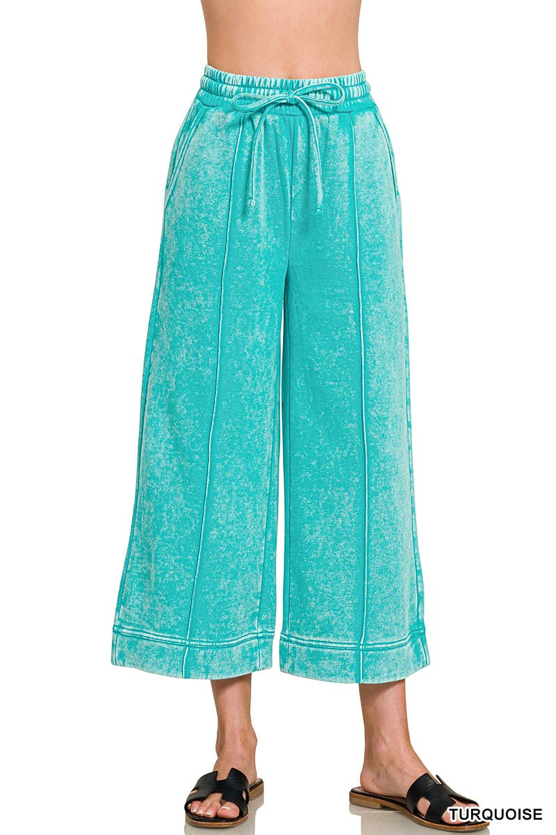 Acid Washed Fleece Pintuck Wide Leg Cropped Pants w/ Pockets