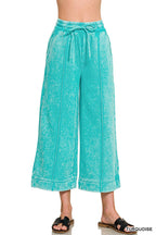 Acid Washed Fleece Pintuck Wide Leg Cropped Pants w/ Pockets