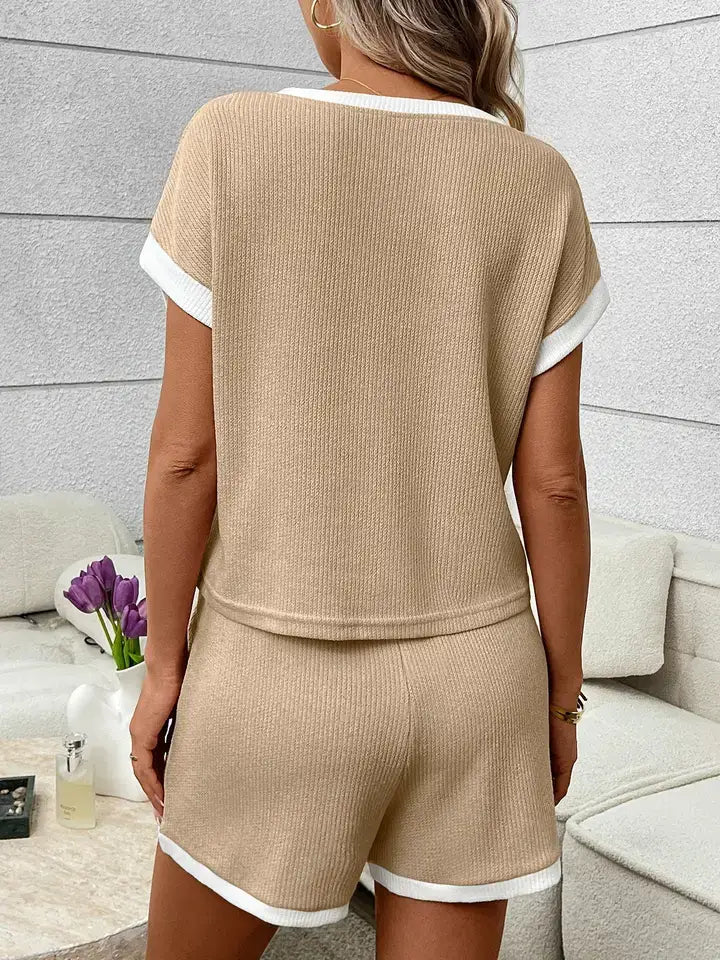 Waffle Knit Lounge Set Casual Shorts Outfit