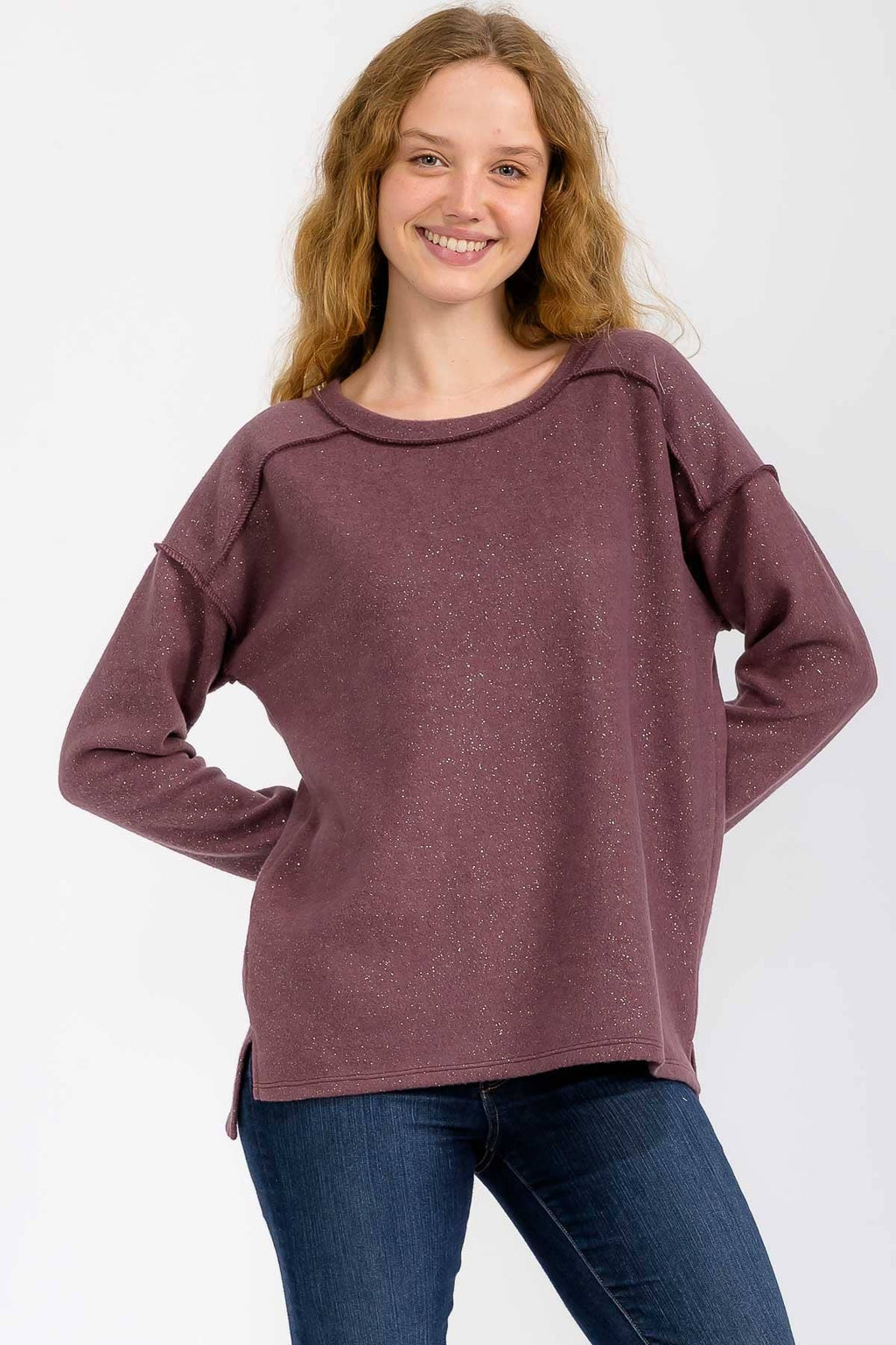Soft Brushed Metallic Glitter Accents Pullover Top