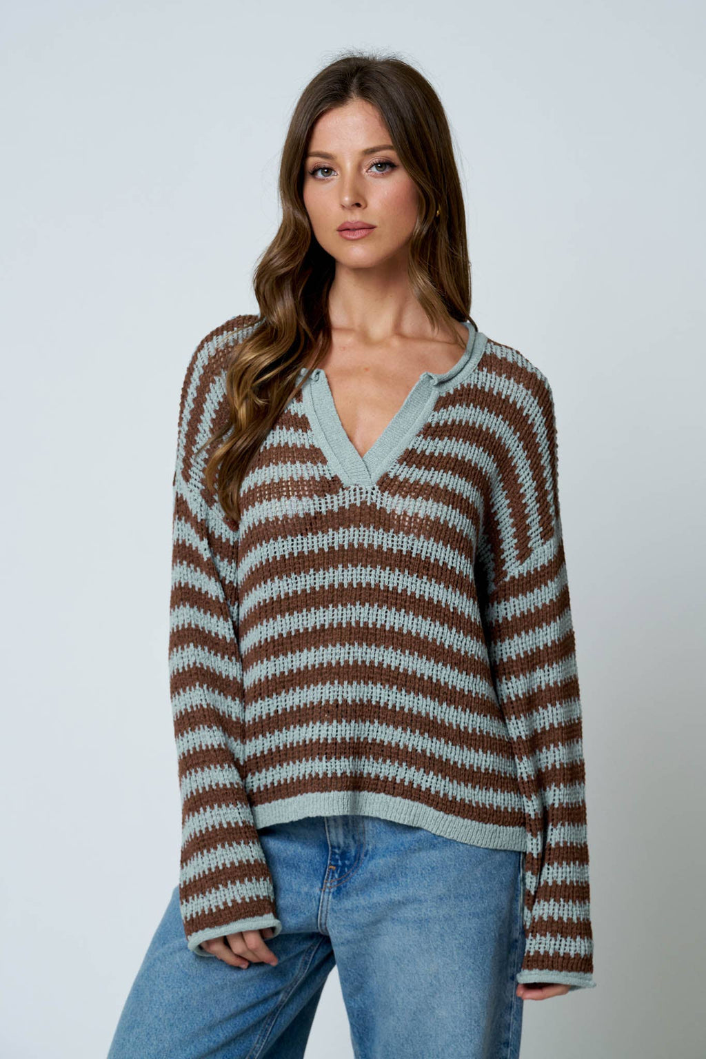 STRIPE RAW EDGE SPLIT NECK SHEER KNIT SWEATER