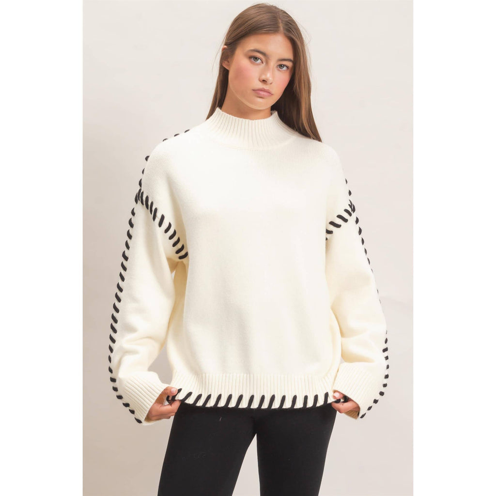 Blanket Stitch High Neck Sweater