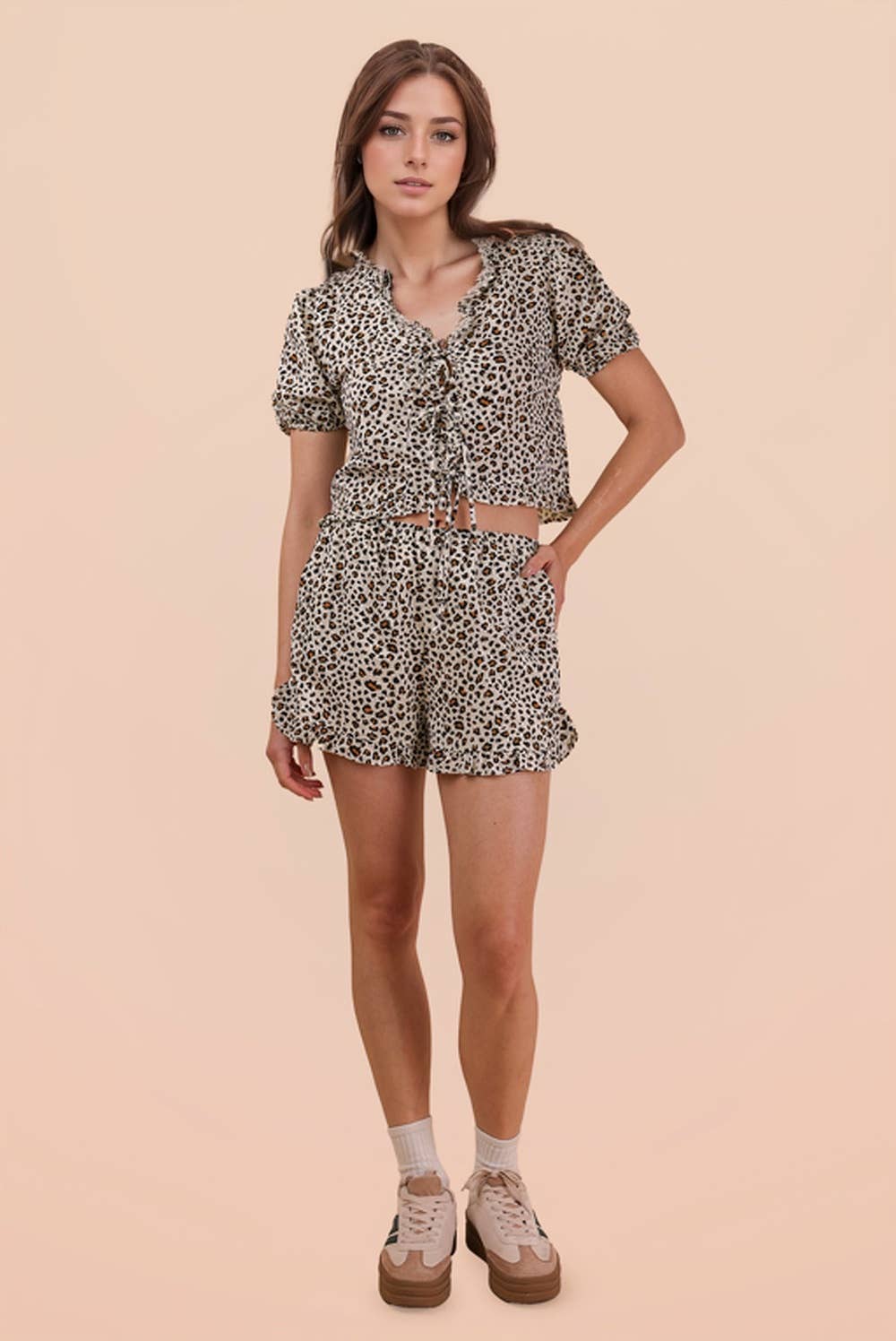 NT12066SET-Leopard Printed Woven Top & Shorts Set