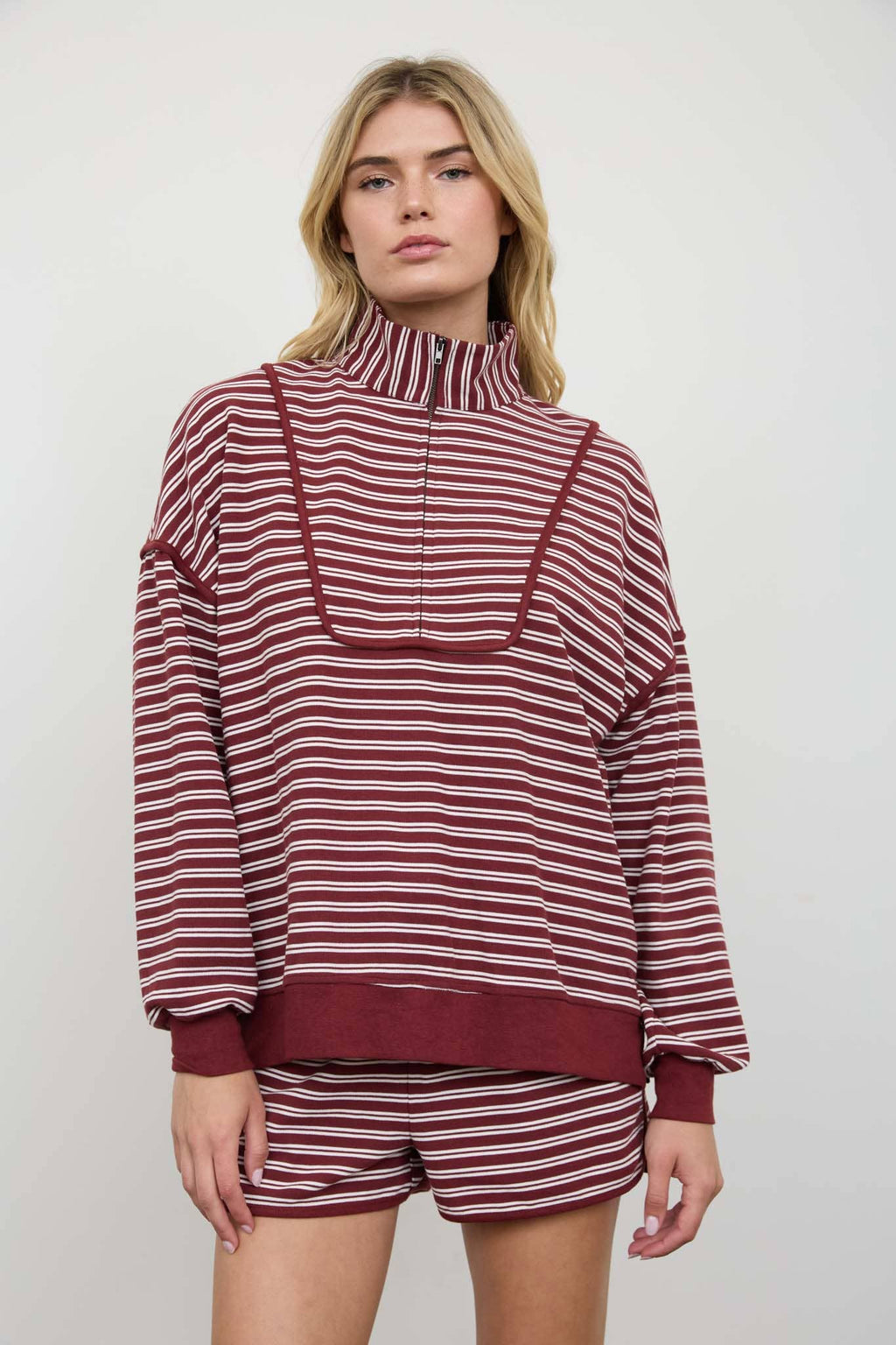 HALF ZIP STRIPE CONTRAST TRIM LONG SLEEVE KNIT TOP
