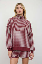 HALF ZIP STRIPE CONTRAST TRIM LONG SLEEVE KNIT TOP