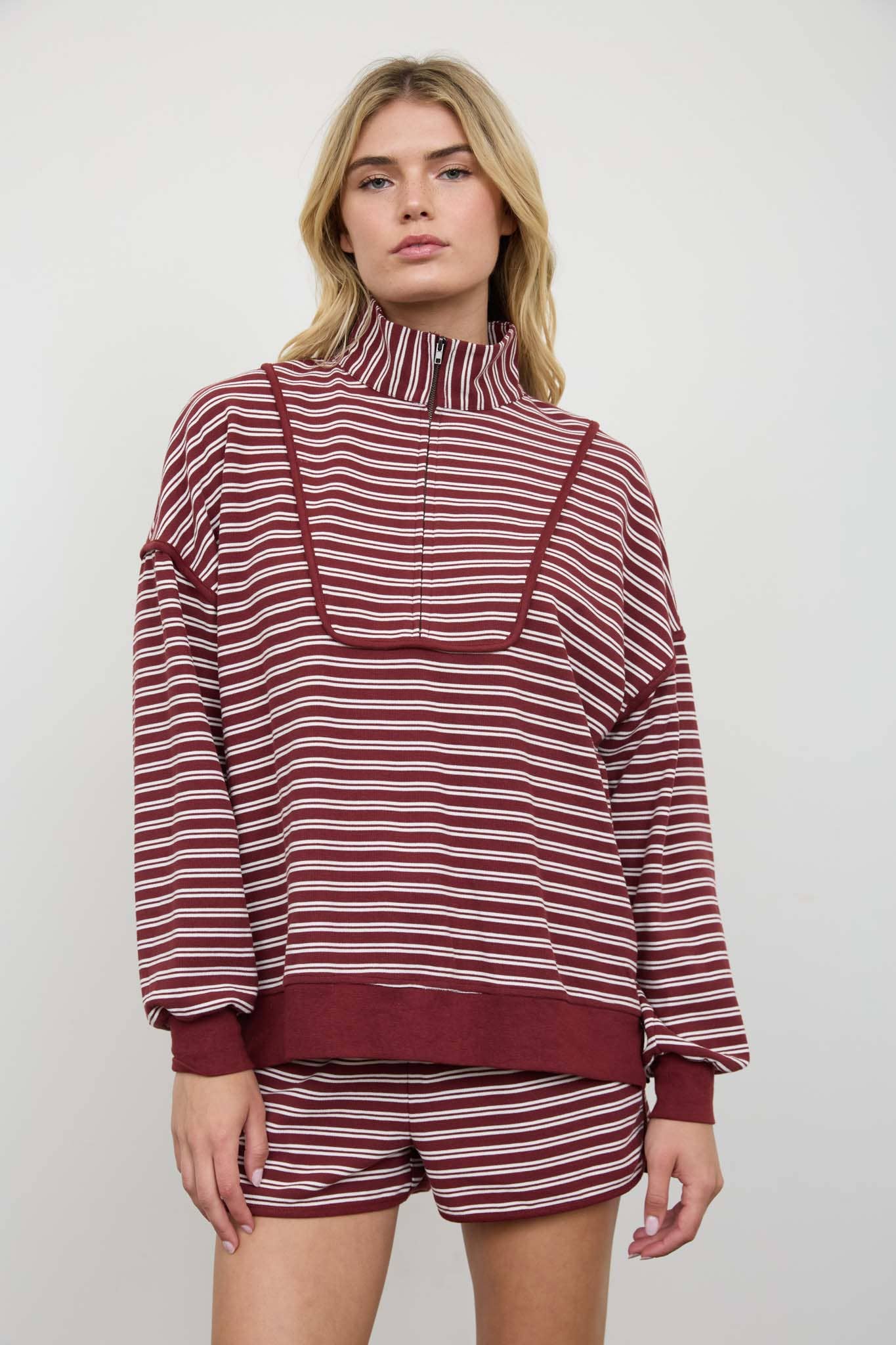 HALF ZIP STRIPE CONTRAST TRIM LONG SLEEVE KNIT TOP