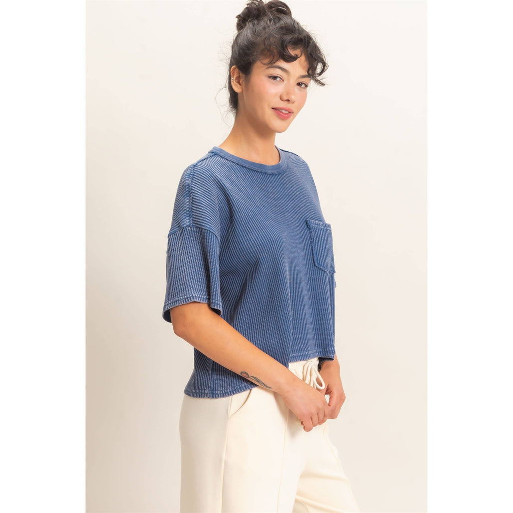 Mineral Wash Waffle Knit Pocket Top