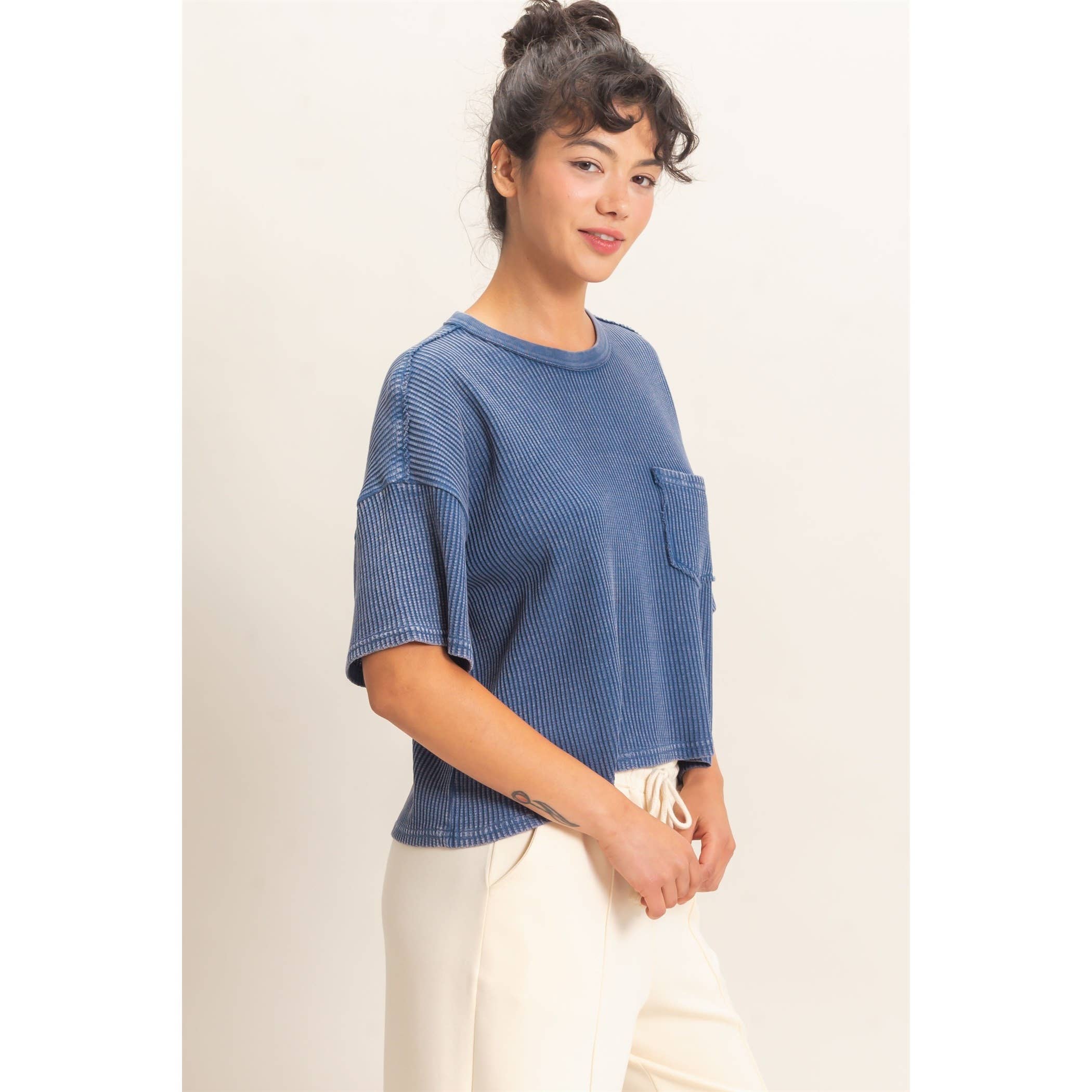 Mineral Wash Waffle Knit Pocket Top