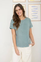 ROUND NECK SHORT SLEEVE EXPOSED SEAM KNIT TOP