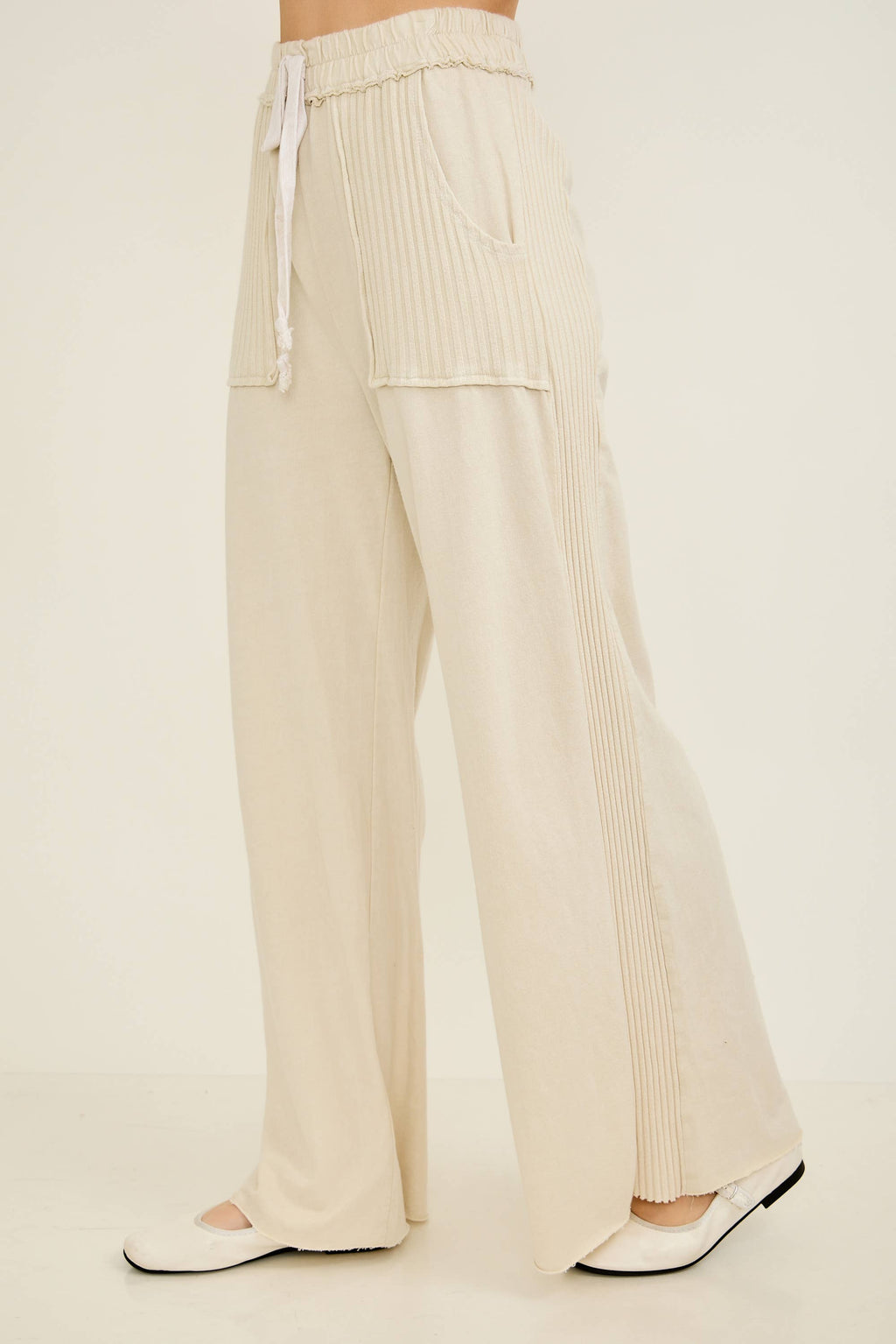 Mineral Wash Side Knit detail wide leg pants HE5878P