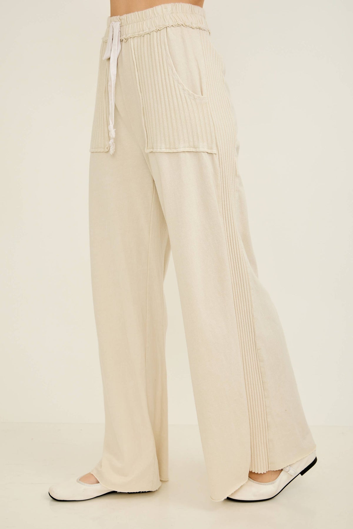 Mineral Wash Side Knit detail wide leg pants HE5878P