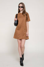 Short Sleeve Round Neck Semi A-Line Faux Suede Mini Dress