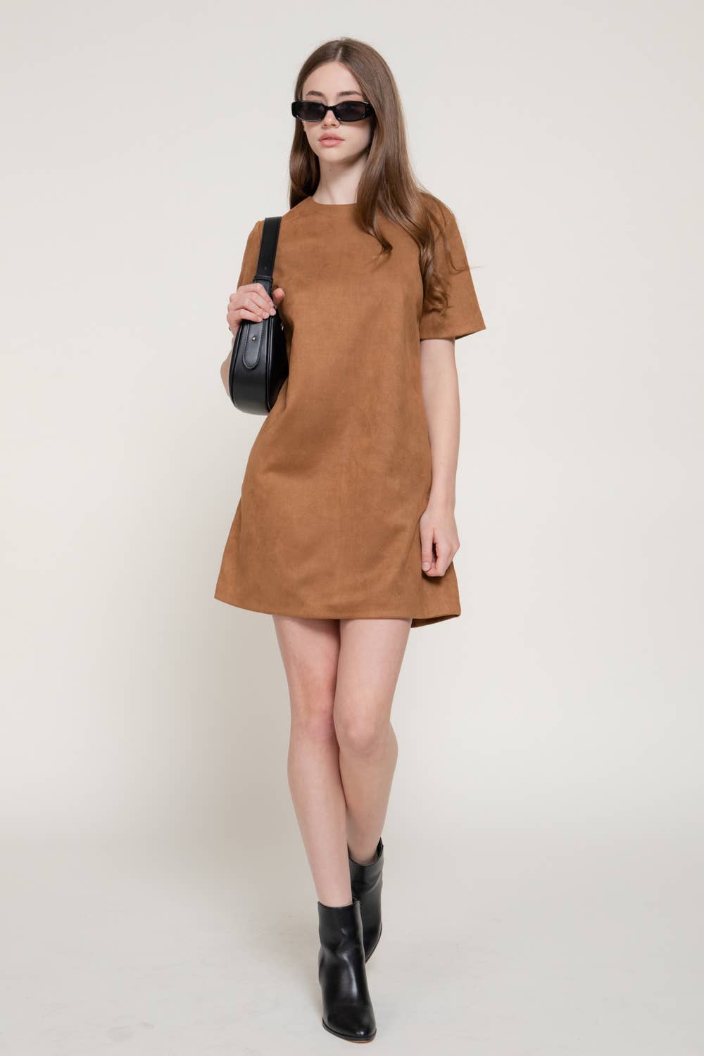 Short Sleeve Round Neck Semi A-Line Faux Suede Mini Dress