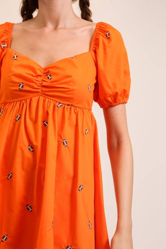 Football Embroidered Game Day Puff Sleeve Dress