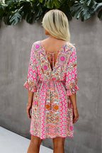 Boho Print Wrap Neck Tie Back Pleated Hem Dress
