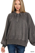 Acid Wash Fleece Button Up Collared Pullover