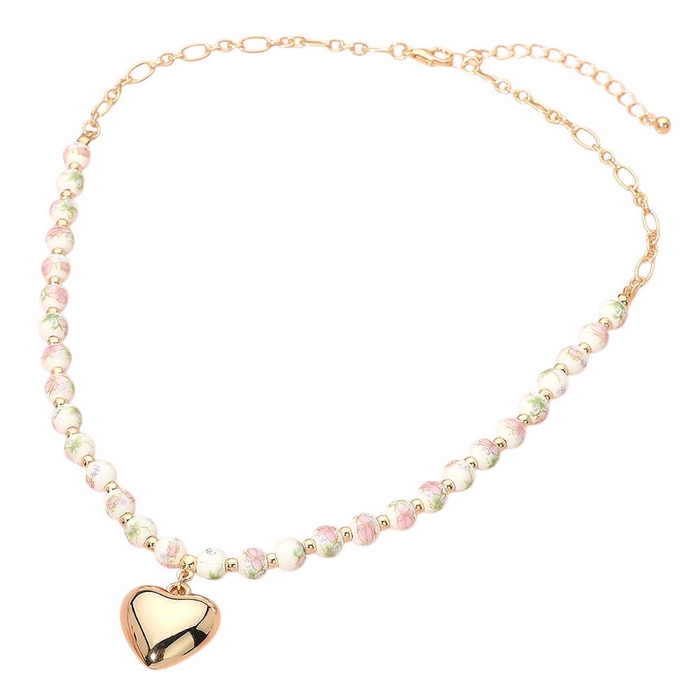 Floral Ceramic Ball Beaded Heart Pendant Necklace