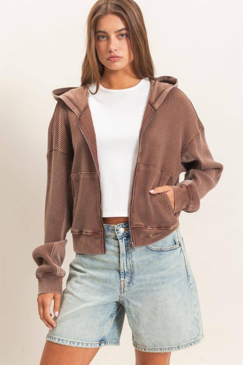 Acid Wash Waffle Knit Zip-up Hoodie