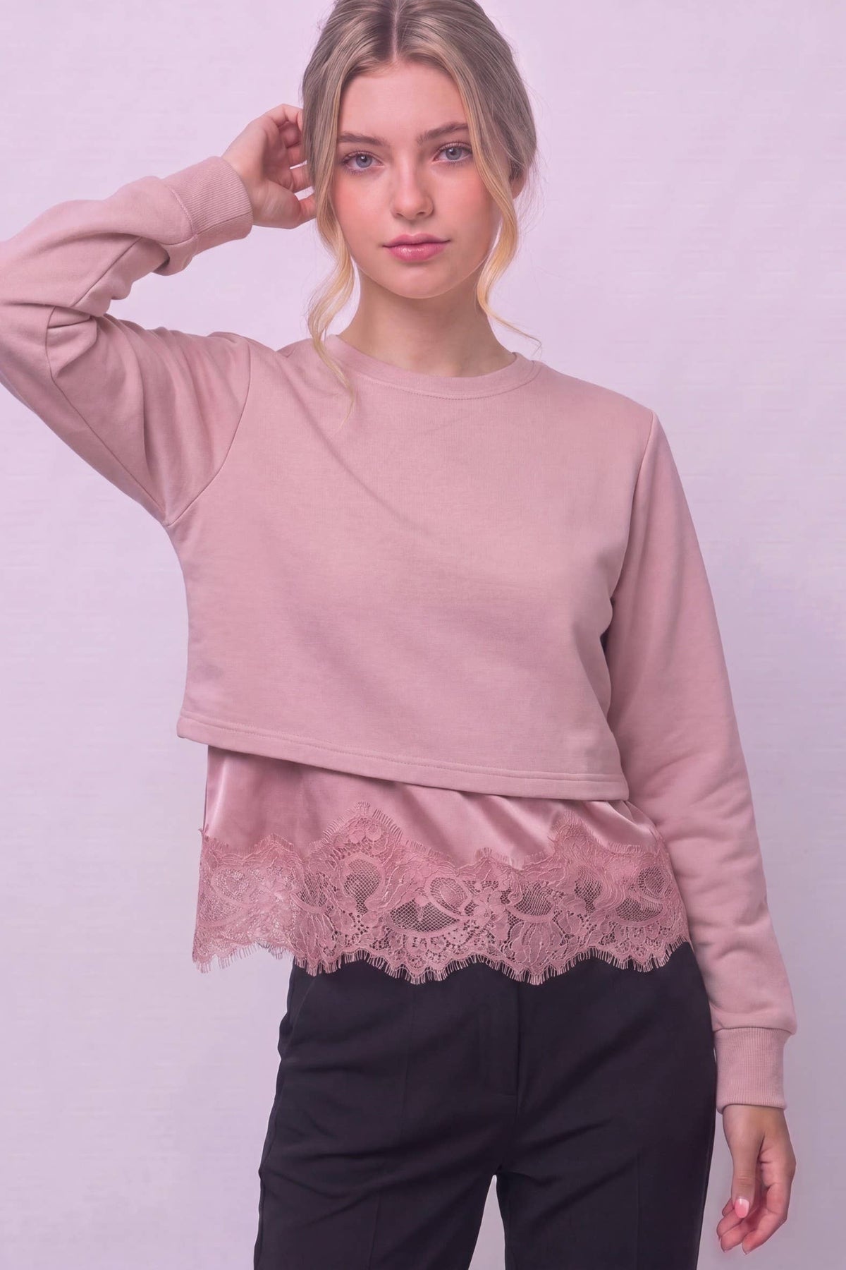 Lace-trimmed Layered Cropped Sweatshirt