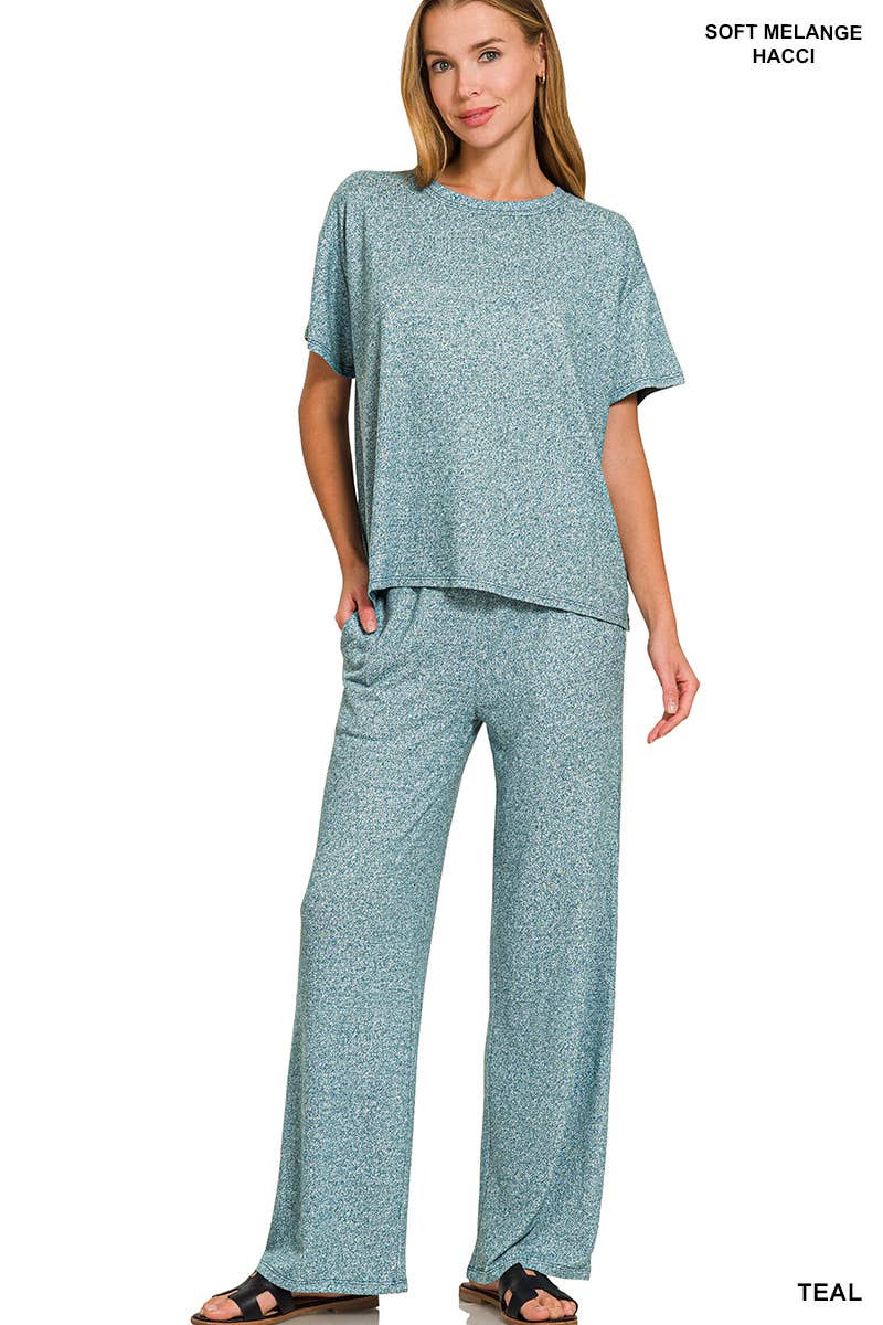 Soft Melange Short Sleeve Tee & Long Pants Set - Zenana