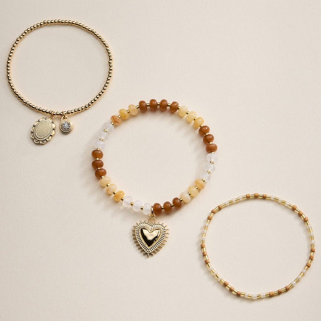 Beaded Heart Charm Stretch Bracelet Set | 3-Piece Layered Stack with Gold Accents