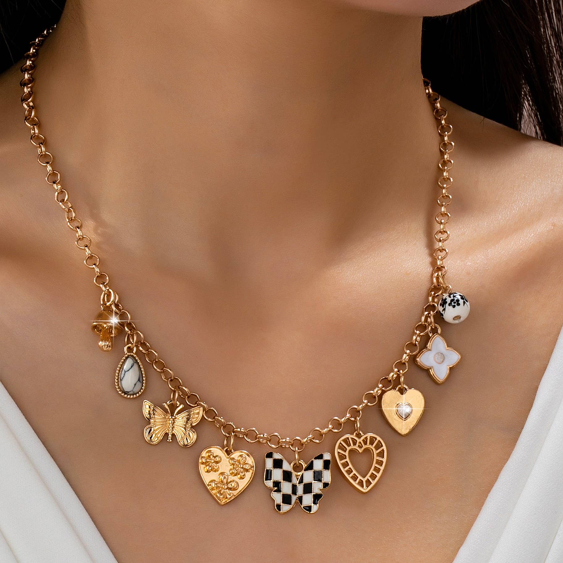 Charm Necklace-Hearts & Checker Butterflies | 80N92815